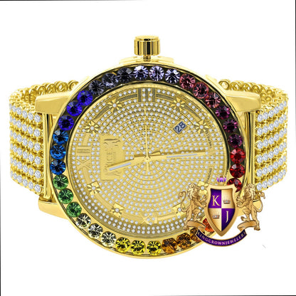 Roman Face Exclusive Custom Time Piece Multi Rainbow Gold Tone Real Diamond Dial Solitaire Men's Watch XL 55mm W/Date
