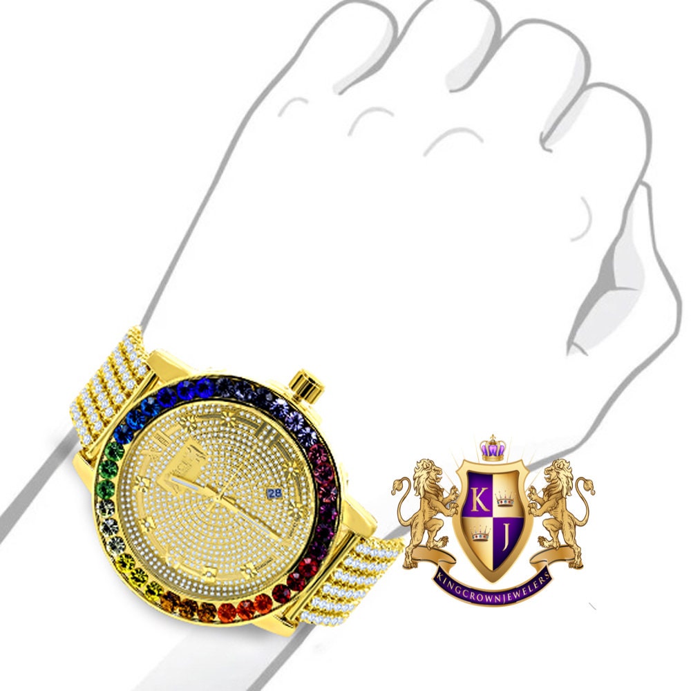 Roman Face Exclusive Custom Time Piece Multi Rainbow Gold Tone Real Diamond Dial Solitaire Men's Watch XL 55mm W/Date