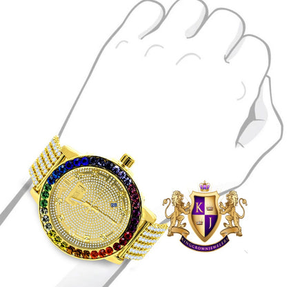 Roman Face Exclusive Custom Time Piece Multi Rainbow Gold Tone Real Diamond Dial Solitaire Men's Watch XL 55mm W/Date