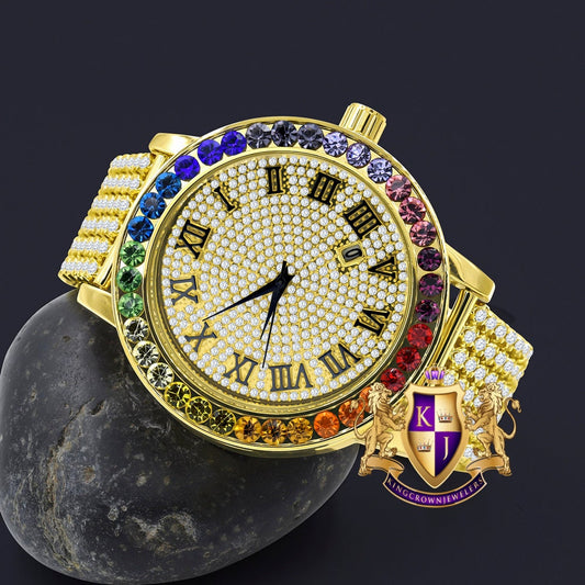 Roman Numeral Face Exclusive Custom Time Piece Multi Rainbow Gold Tone Simulated Diamond Dial Solitaire Men's Watch XL 55mm W/Date