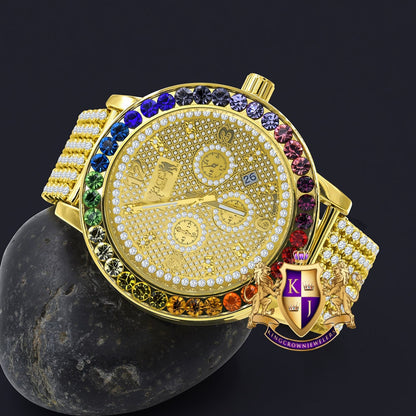 Men's Exclusive Custom Time Piece Multi Rainbow Gold Tone Real Diamond Dial Solitaire Watch XL 55mm W/Date