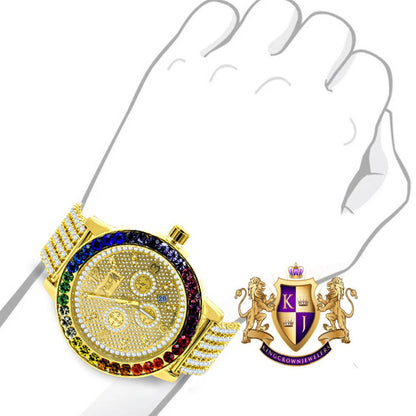 Men's Exclusive Custom Time Piece Multi Rainbow Gold Tone Real Diamond Dial Solitaire Watch XL 55mm W/Date