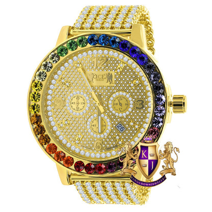 Men's Exclusive Custom Time Piece Multi Rainbow Gold Tone Real Diamond Dial Solitaire Watch XL 55mm W/Date