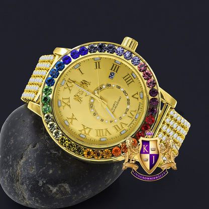 Men's Exclusive Custom Time Piece Multi Rainbow Gold Tone Real Diamond Dial Solitaire Roman Watch XL 55mm W/Date