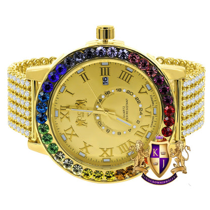 Men's Exclusive Custom Time Piece Multi Rainbow Gold Tone Real Diamond Dial Solitaire Roman Watch XL 55mm W/Date