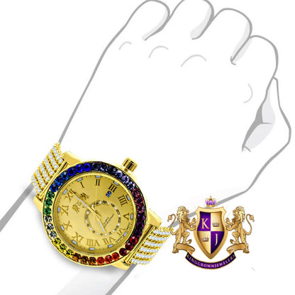 Men's Exclusive Custom Time Piece Multi Rainbow Gold Tone Real Diamond Dial Solitaire Roman Watch XL 55mm W/Date
