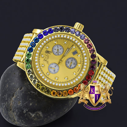 Real Diamond Dial Men's Exclusive Custom Time Piece Multi Rainbow Gold Tone Solitaire Roman Watch XL 55mm W/Date