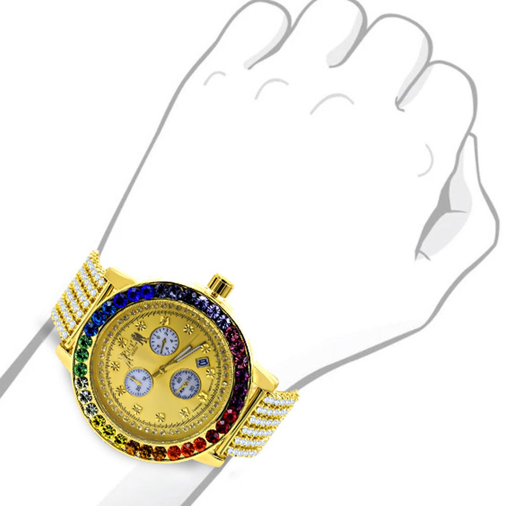 Real Diamond Dial Men's Exclusive Custom Time Piece Multi Rainbow Gold Tone Solitaire Roman Watch XL 55mm W/Date