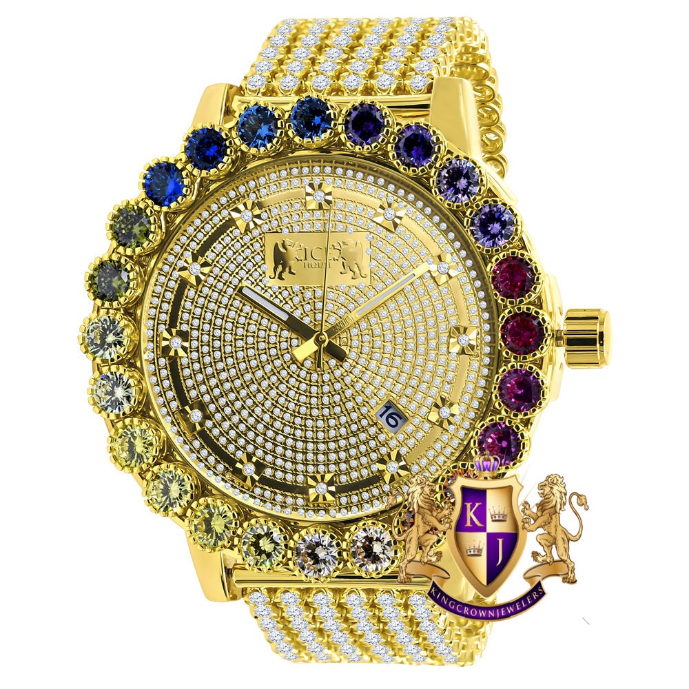 Prong Set Custom Time Piece Multi Rainbow Gold Tone Real Diamond Dial Men's Watch XL 55mm W/Date
