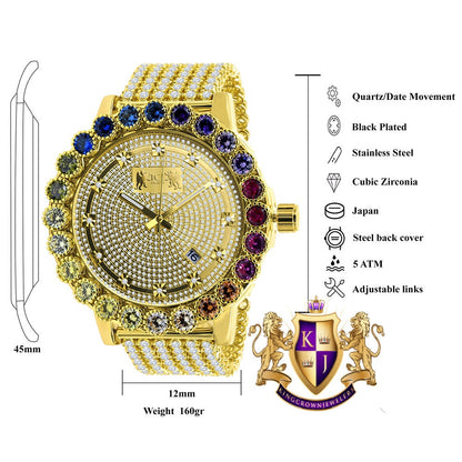 Prong Set Custom Time Piece Multi Rainbow Gold Tone Real Diamond Dial Men's Watch XL 55mm W/Date