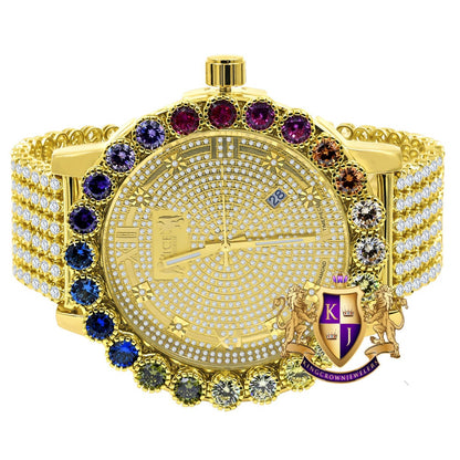Roman Face Prong Set Custom Time Piece Multi Rainbow Gold Tone Real Diamond Dial Men's Watch XL 55mm W/Date