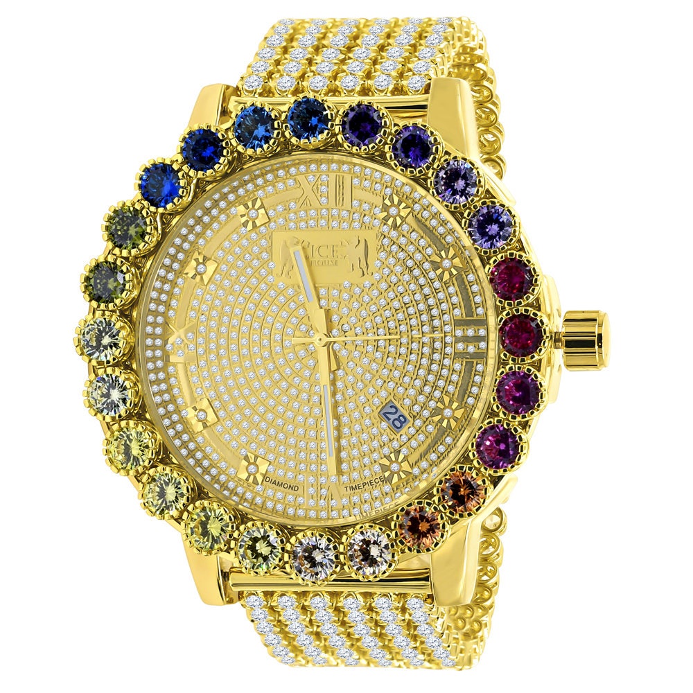 Roman Face Prong Set Custom Time Piece Multi Rainbow Gold Tone Real Diamond Dial Men's Watch XL 55mm W/Date