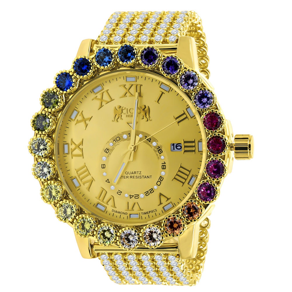 Men's Watch XL 55mm W/Date Multi Rainbow Gold Tone Prong Set Custom Time Piece Real Diamond Dial