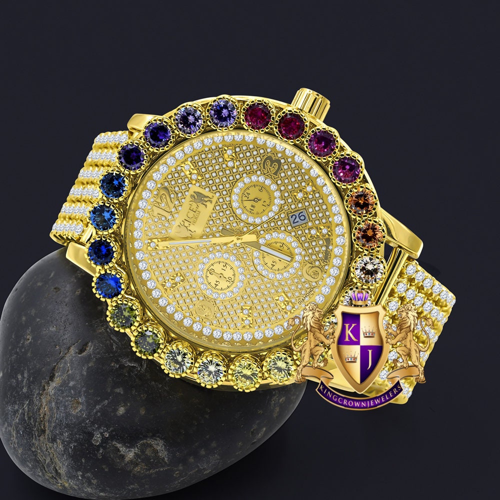 Custom Time Piece Men's Watch XL 55mm W/Date Multi Rainbow Gold Tone Prong Set Real Diamond Dial