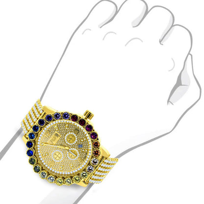 Custom Time Piece Men's Watch XL 55mm W/Date Multi Rainbow Gold Tone Prong Set Real Diamond Dial