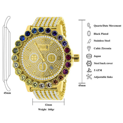 Custom Time Piece Men's Watch XL 55mm W/Date Multi Rainbow Gold Tone Prong Set Real Diamond Dial