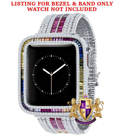 Rainbow Multi White Tone Baguette Simulated Diamond 12 Cwt. Apple Watch Bezel 44 mm Fit Series # 4,5,6 Custom Cover Case + Matching Band
