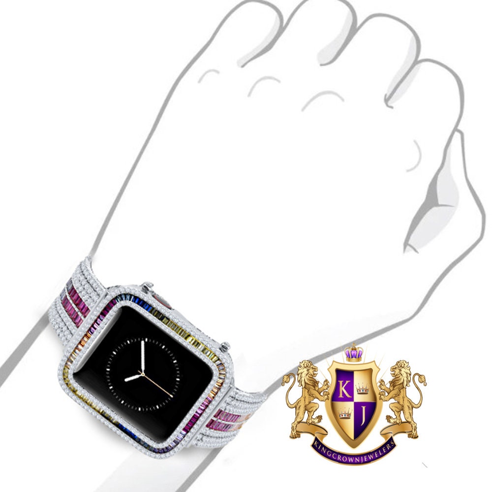Rainbow Multi White Tone Baguette Simulated Diamond 12 Cwt. Apple Watch Bezel 44 mm Fit Series # 4,5,6 Custom Cover Case + Matching Band