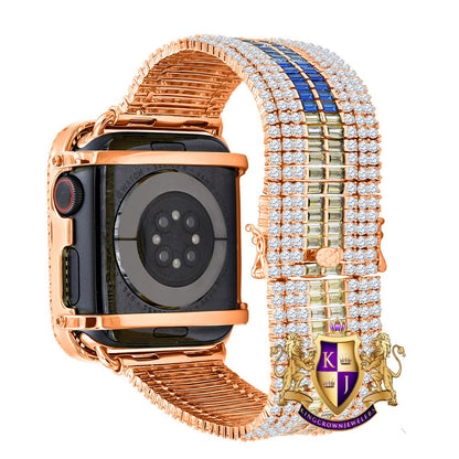 Rainbow Multi Rose Tone Baguette Simulated Diamond 12 Cwt. Apple Watch Bezel 44 mm Fit Series # 4,5,6 Custom Cover Case + Matching Band