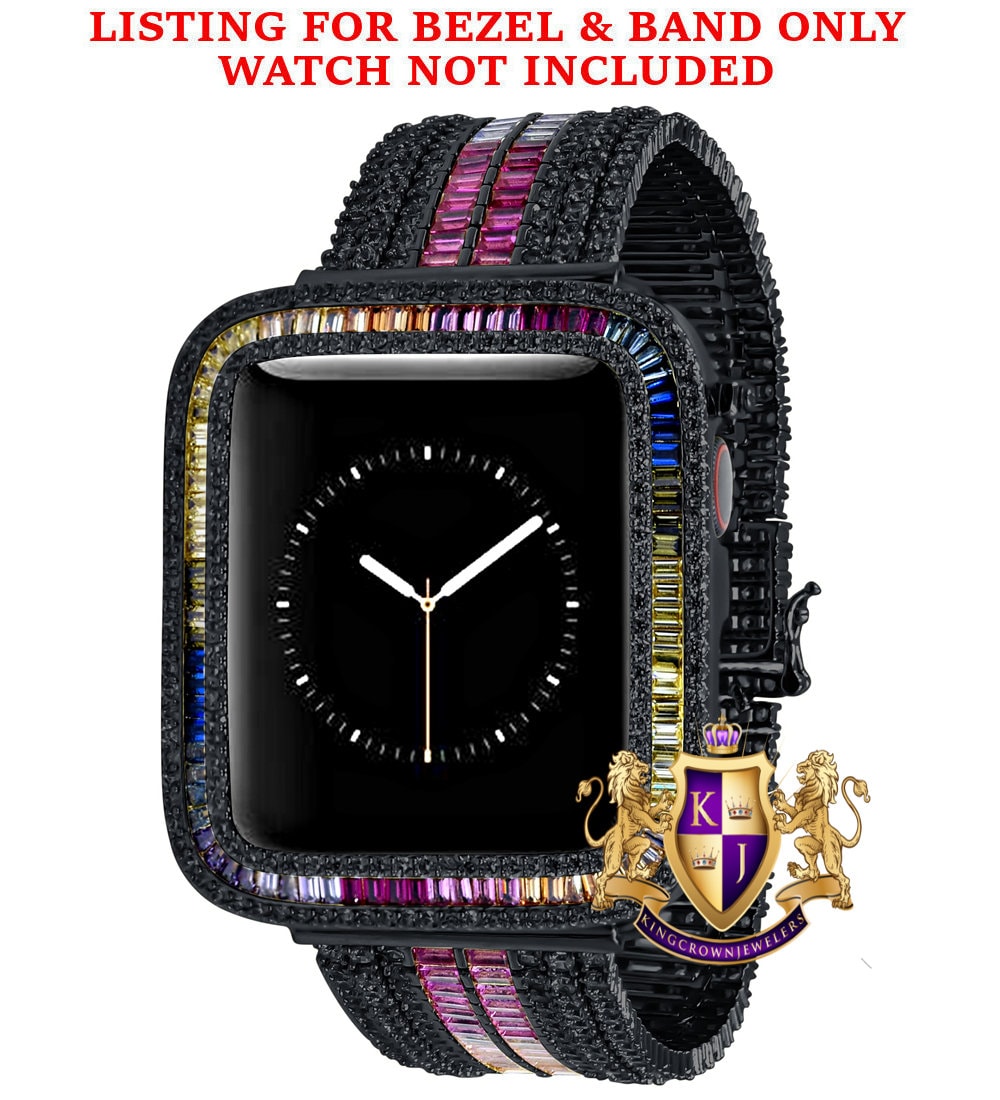Rainbow Multi Black Tone Baguette Simulated Diamond 12 Cwt. Apple Watch Bezel 44 mm Fit Series # 4,5,6 Custom Cover Case + Matching Band