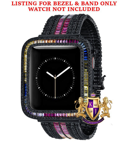Rainbow Multi Black Tone Baguette Simulated Diamond 12 Cwt. Apple Watch Bezel 44 mm Fit Series # 4,5,6 Custom Cover Case + Matching Band