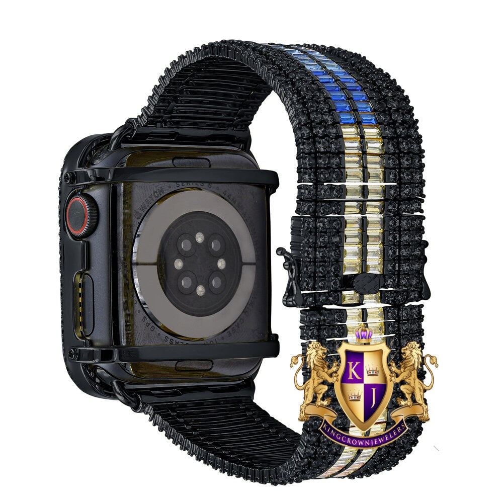 Rainbow Multi Black Tone Baguette Simulated Diamond 12 Cwt. Apple Watch Bezel 44 mm Fit Series # 4,5,6 Custom Cover Case + Matching Band