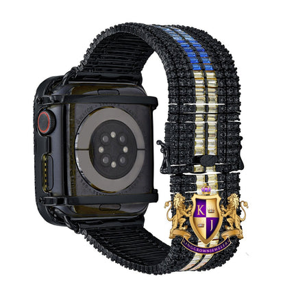 Rainbow Multi Black Tone Baguette Simulated Diamond 12 Cwt. Apple Watch Bezel 44 mm Fit Series # 4,5,6 Custom Cover Case + Matching Band