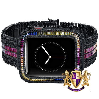 Rainbow Multi Black Tone Baguette Simulated Diamond 12 Cwt. Apple Watch Bezel 44 mm Fit Series # 4,5,6 Custom Cover Case + Matching Band