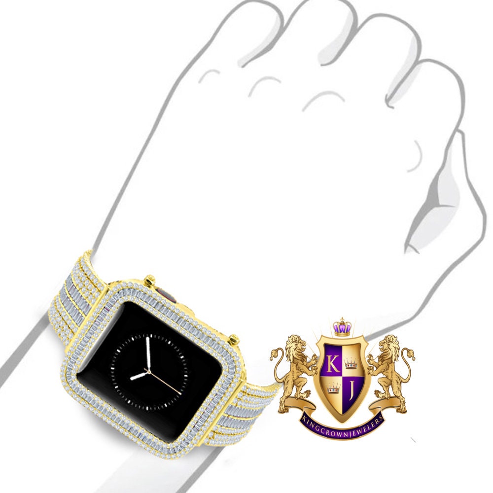 14K Yellow Gold Finish Baguette Simulated Diamond 12 Cwt. Apple Watch Bezel 44 mm Fit Series # 4,5,6 Custom Cover Case + Matching Band