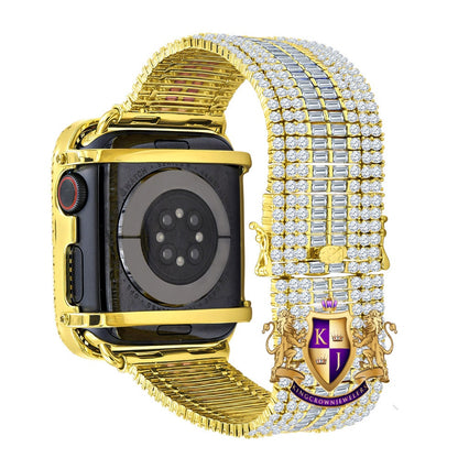 14K Yellow Gold Finish Baguette Simulated Diamond 12 Cwt. Apple Watch Bezel 44 mm Fit Series # 4,5,6 Custom Cover Case + Matching Band