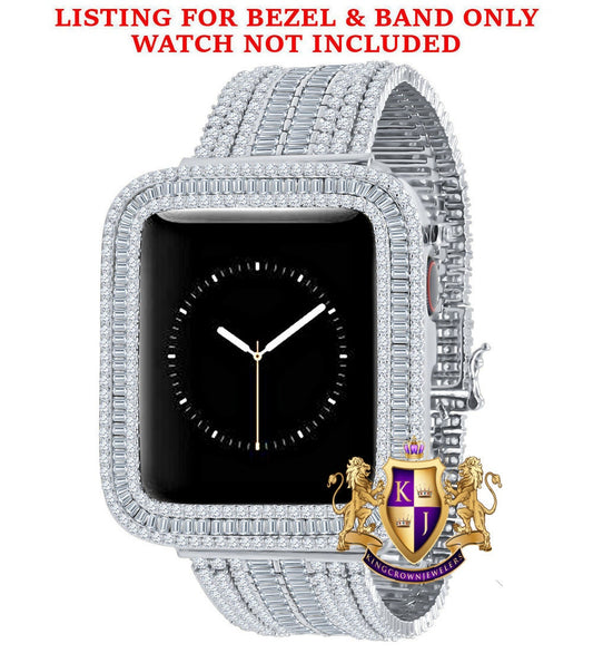 14K White Gold Finish Baguette Simulated Diamond 12 Cwt. Apple Watch Bezel 44 mm Fit Series # 4,5,6 Custom Cover Case + Matching Band