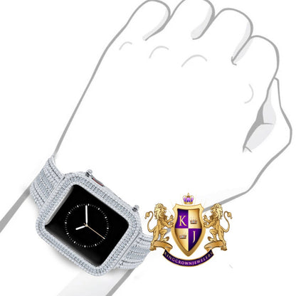 14K White Gold Finish Baguette Simulated Diamond 12 Cwt. Apple Watch Bezel 44 mm Fit Series # 4,5,6 Custom Cover Case + Matching Band