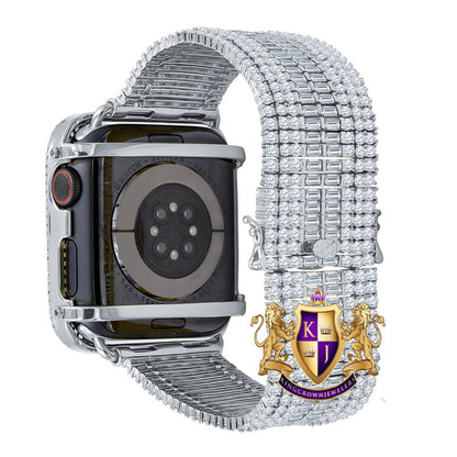 14K White Gold Finish Baguette Simulated Diamond 12 Cwt. Apple Watch Bezel 44 mm Fit Series # 4,5,6 Custom Cover Case + Matching Band