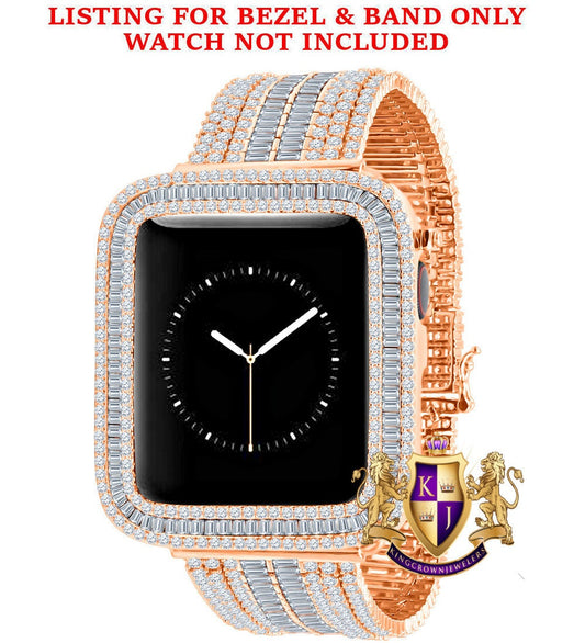 14K Rose Gold Finish Baguette Simulated Diamond 12 Cwt. Apple Watch Bezel 44 mm Fit Series # 4,5,6 Custom Cover Case + Matching Band