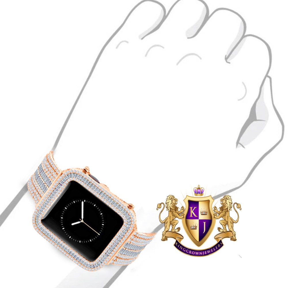 14K Rose Gold Finish Baguette Simulated Diamond 12 Cwt. Apple Watch Bezel 44 mm Fit Series # 4,5,6 Custom Cover Case + Matching Band
