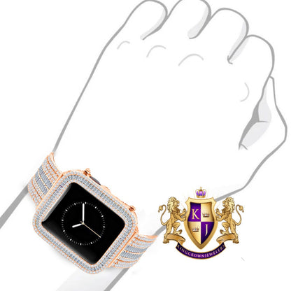 14K Rose Gold Finish Baguette Simulated Diamond 12 Cwt. Apple Watch Bezel 44 mm Fit Series # 4,5,6 Custom Cover Case + Matching Band