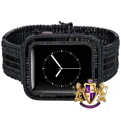 14K Black Gold Over Baguette Simulated Diamond 12 Cwt. Apple Watch Bezel 44 mm Fit Series # 4,5,6 Custom Cover Case + Matching Band