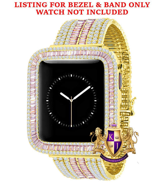14K Gold Finish Baguette Simulated Pink Diamond 12 Cwt. Apple Watch Bezel 44 mm Fit Series # 4,5,6 Custom Cover Case + Matching Band