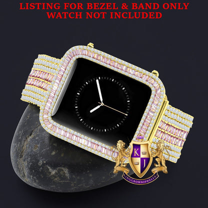 14K Gold Finish Baguette Simulated Pink Diamond 12 Cwt. Apple Watch Bezel 44 mm Fit Series # 4,5,6 Custom Cover Case + Matching Band
