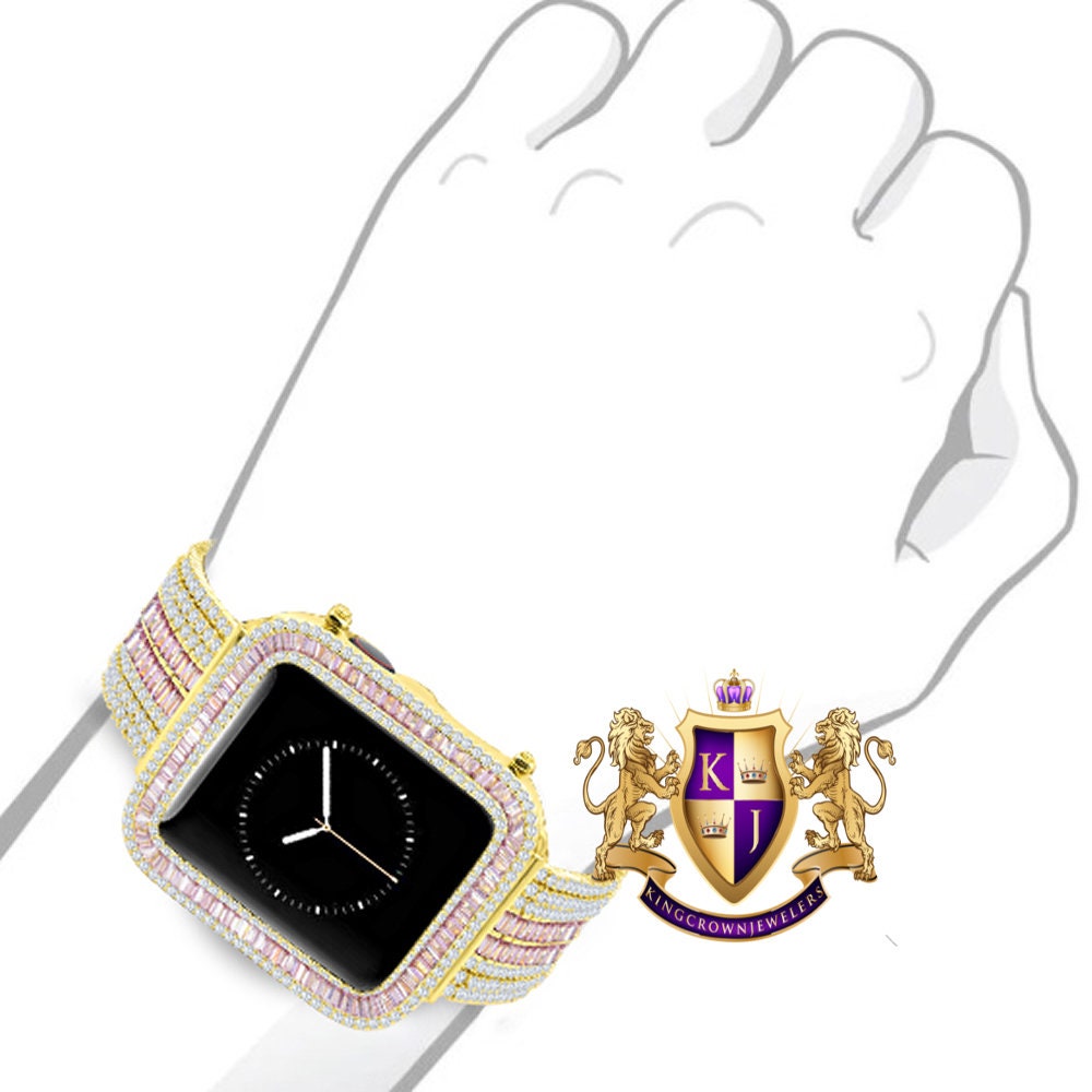 14K Gold Finish Baguette Simulated Pink Diamond 12 Cwt. Apple Watch Bezel 44 mm Fit Series # 4,5,6 Custom Cover Case + Matching Band