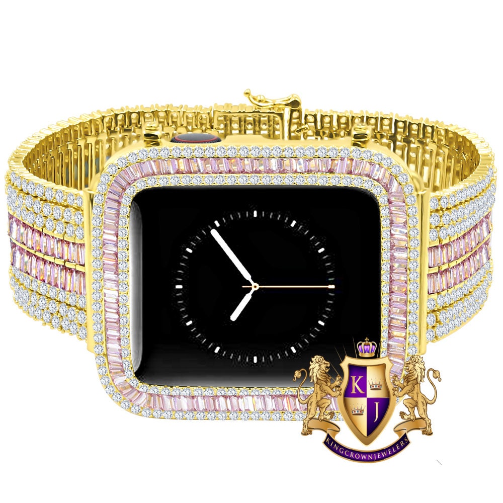 14K Gold Finish Baguette Simulated Pink Diamond 12 Cwt. Apple Watch Bezel 44 mm Fit Series # 4,5,6 Custom Cover Case + Matching Band