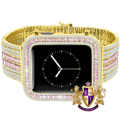 14K Gold Finish Baguette Simulated Pink Diamond 12 Cwt. Apple Watch Bezel 44 mm Fit Series # 4,5,6 Custom Cover Case + Matching Band