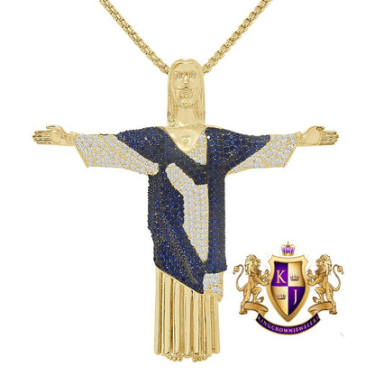 Custom Piece 33 + Grams Big XL 2.75'' 14k Gold Finish Simulated Diamond Jesus Face Full Body Charm Pendent Chain Set