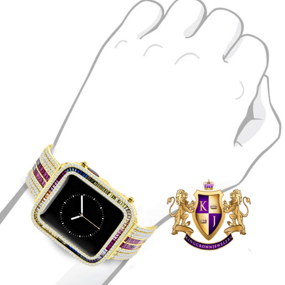 Multi Rainbow Gold Tone Baguette Simulated Diamond 12 Cwt. Apple Watch Bezel 44 mm Fit Series # 4,5,6 Custom Cover Case + Matching Band