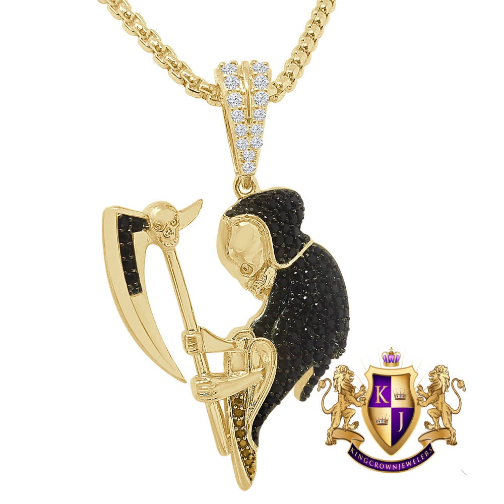 14K Gold Over Simulated Diamond Santa Muerte Grim Reaper Angel of Death Small 1.75'' Pendent Charm Chain Set