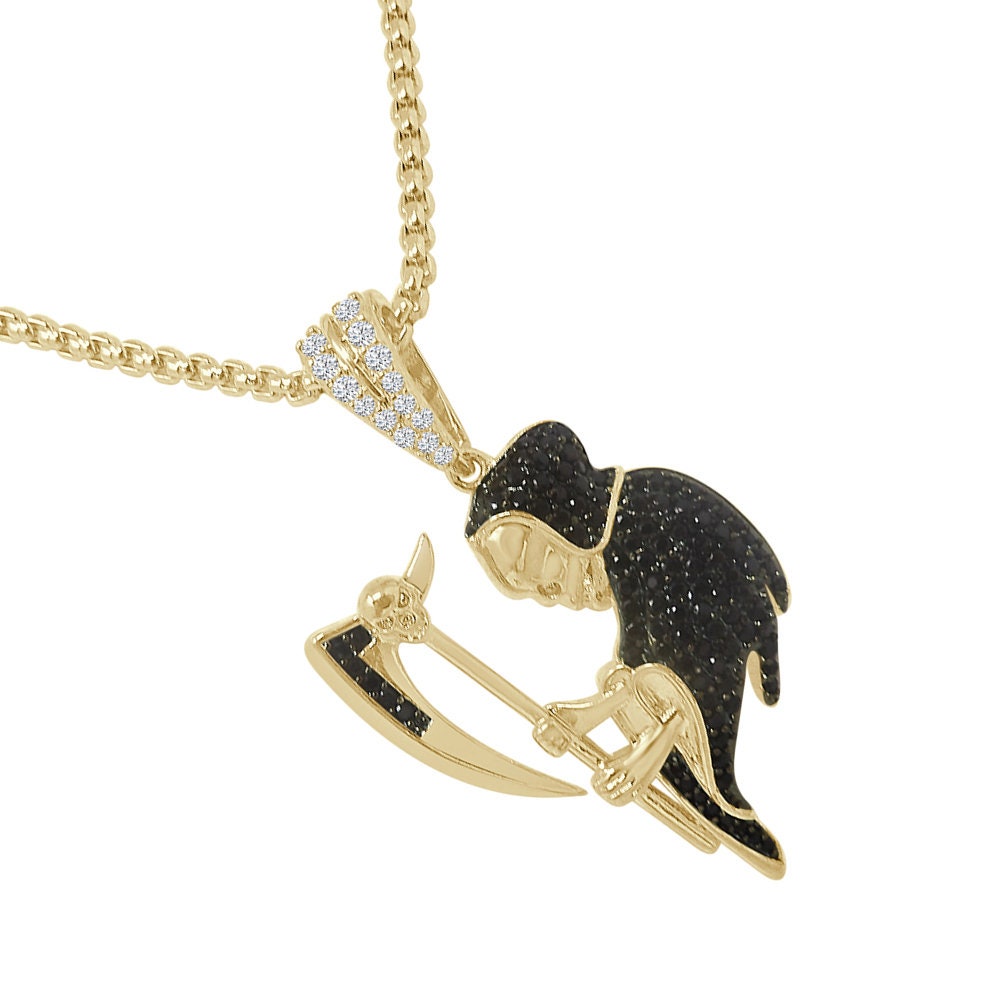 14K Gold Over Simulated Diamond Santa Muerte Grim Reaper Angel of Death Small 1.75'' Pendent Charm Chain Set