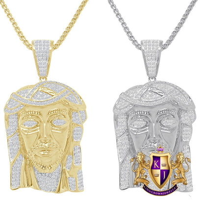 Custom Piece 30 + Grams Big 2.35'' 14k Gold Finish Simulated Diamond Jesus Face Piece Charm Pendent Chain Set