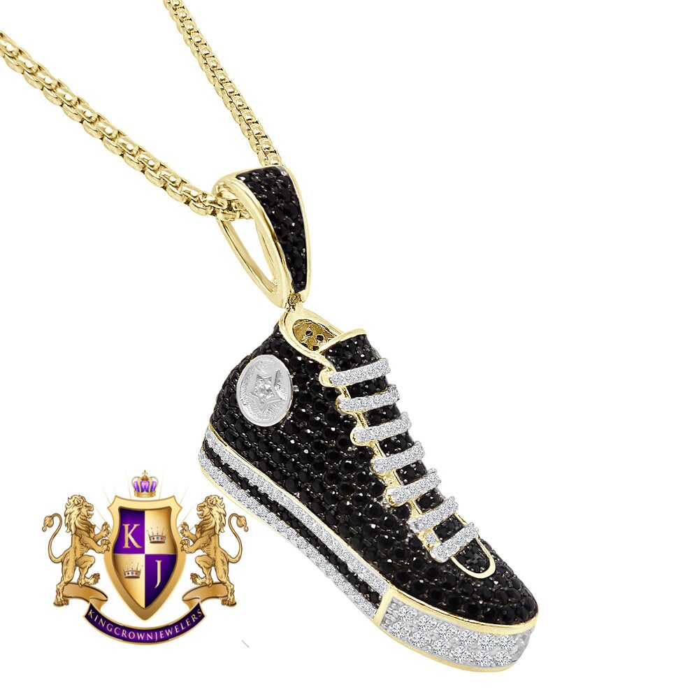 Authentic Genuine Sterling Silver Blank 2.00 Cwt. Simulated Diamond 14K Gold Over Designer Sports Shoe Sneaker Pendent Charm +Free Chain