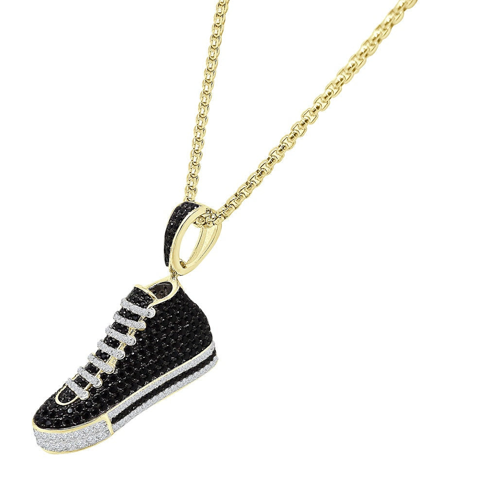 Authentic Genuine Sterling Silver Blank 2.00 Cwt. Simulated Diamond 14K Gold Over Designer Sports Shoe Sneaker Pendent Charm +Free Chain