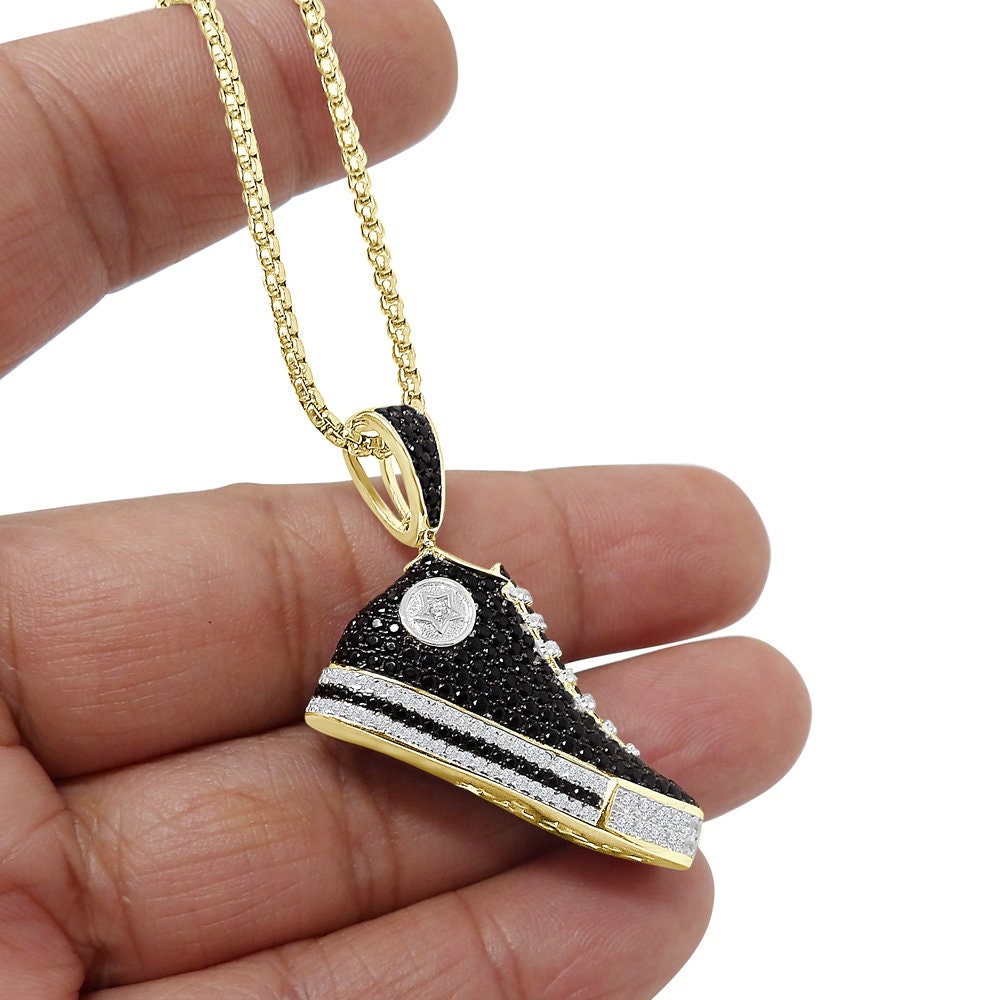 Authentic Genuine Sterling Silver Blank 2.00 Cwt. Simulated Diamond 14K Gold Over Designer Sports Shoe Sneaker Pendent Charm +Free Chain